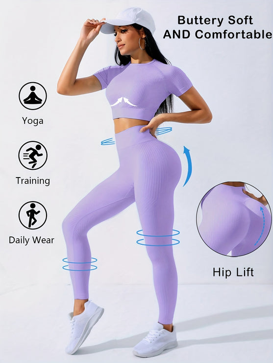 2pcs Yoga Workout Set™-  High Waist Solid Leggings, Women's Activewear
