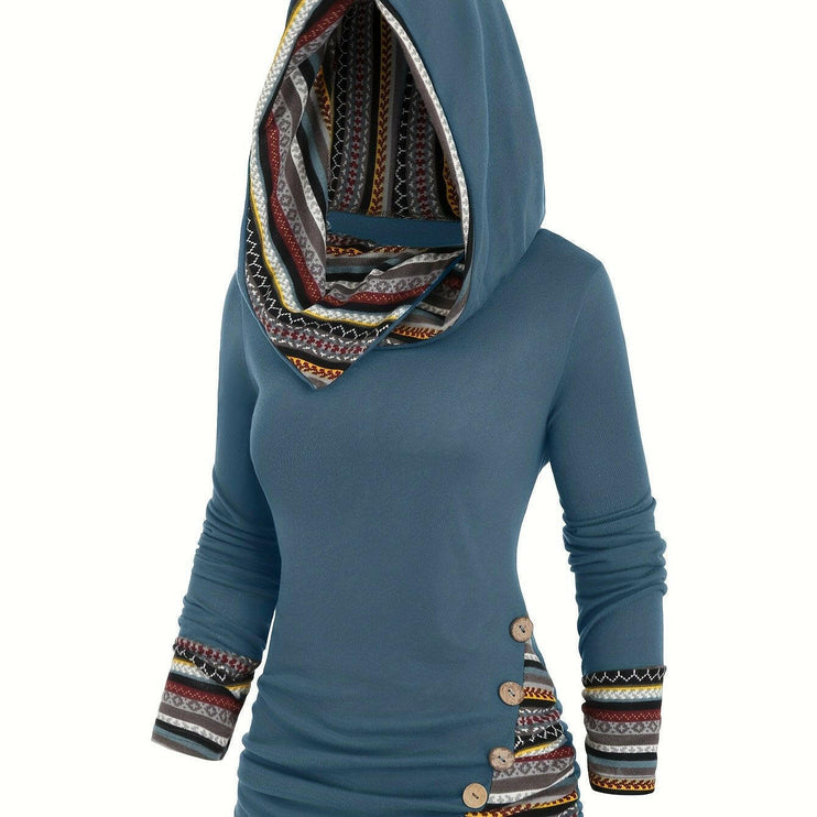 Casual Long Sleeve Hooded Top™- Button Decor Women's Clothing.